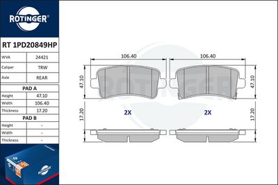 Zestaw klocków hamulcowych, hamulce tarczowe ROTINGER RT1PD20849HP