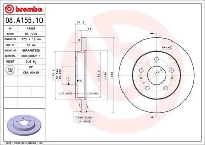 Тормозной диск BREMBO 08.A155.10 для TOYOTA CAMI