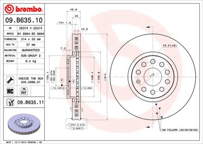 Тормозной диск BREMBO 09.B635.11 для VW TIGUAN