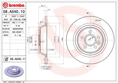 Тормозной диск BREMBO 08.A540.11 для LAND ROVER RANGE ROVER