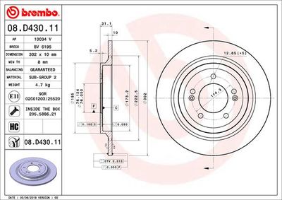 Тормозной диск BREMBO 08.D430.11 для HYUNDAI NEXO