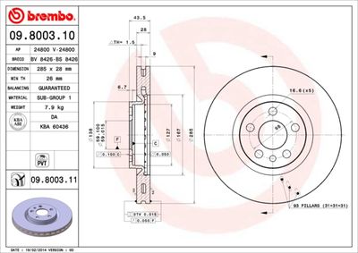 Тормозной диск BREMBO 09.8003.11 для CITROËN C8