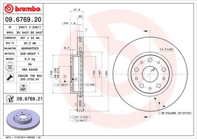 Тормозной диск BREMBO 09.6769.21 для LANCIA THESIS