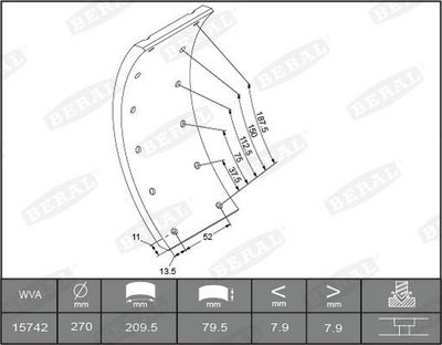 Brake shoe lining Achter/Voor (270x79. 1-overmaat) past: IVECO DAILY I, DAILY II  MERCEDES T1/TN, T2/L, T2/LN1 01.70-05.99