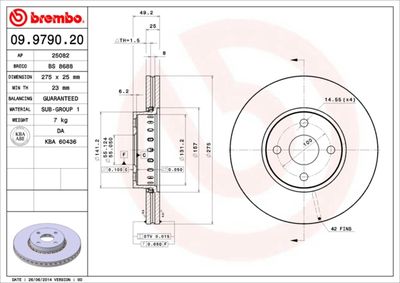 BREMBO 09.9790.20 Тормозные диски  для TOYOTA MATRIX (Тойота Матриx)