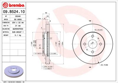 Тормозной диск BREMBO 09.B524.10 для DAIHATSU MATERIA