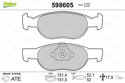 Комплект тормозных колодок, дисковый тормоз VALEO 598605 для LANCIA Y