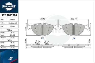 комплект спирачно феродо, дискови спирачки ROTINGER RT 2PD17980
