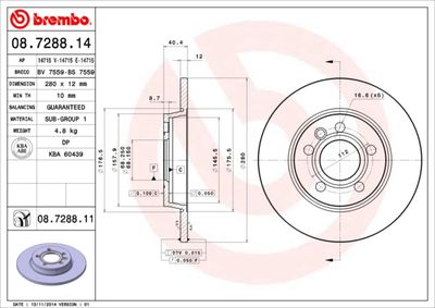 Тормозной диск BREMBO 08.7288.11 для VW TRANSPORTER