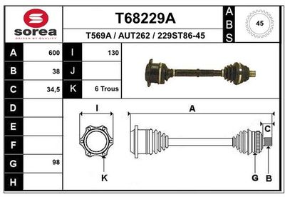 EAI T68229A Полуось в сборе  для AUDI 100 C3 седан (443, 444) 2.5 TDI
