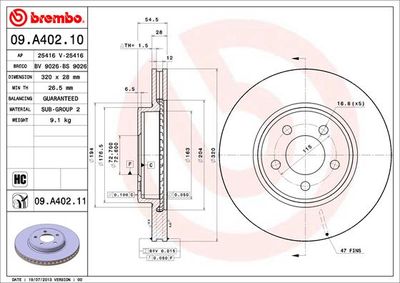 Тормозной диск BREMBO 09.A402.10 для DODGE CHALLENGER