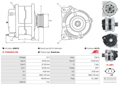 GENERATOR / ALTERNATOR AS-PL A3851S 4