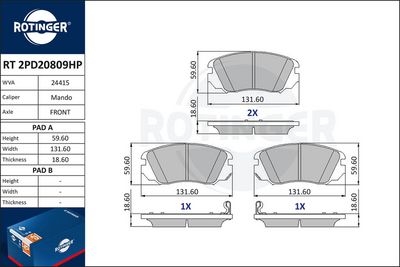 Zestaw klocków hamulcowych, hamulce tarczowe ROTINGER RT2PD20809HP