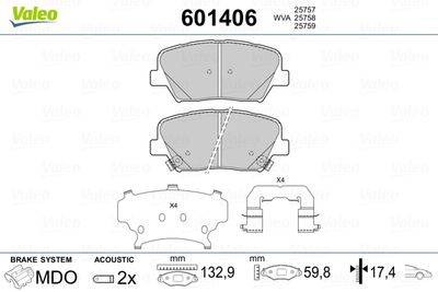 Комплект тормозных колодок, дисковый тормоз VALEO 601406 для HYUNDAI GRANDEUR