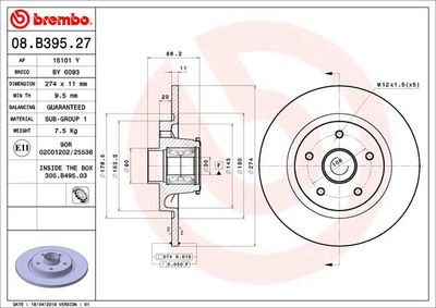 Тормозной диск BREMBO 08.B395.27 для RENAULT KANGOO