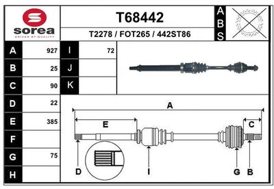 Приводной вал EAI T68442 для FORD FUSION