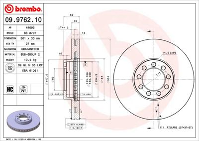 Тормозной диск BREMBO 09.9762.10 для IVECO DAILY