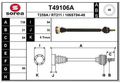 EAI T49106A Сальник полуоси  для RENAULT CLIO I (B/C57_, 5/357_) 1.4 (B/C57T, B/C57Y)