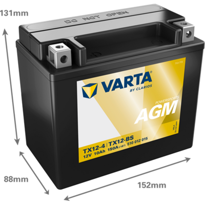 Batterij AGM/Beginnen/Droog geladen met zuur (beperkte verkoop aan consumenten) VARTA 12V 10Ah 150A L+ Onderhoudsvrij elektrolyt inbegrepen 152x88x131mm Droog geladen met zuur YTX12-BS