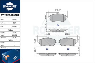 комплект спирачно феродо, дискови спирачки ROTINGER RT 2PD20289HP