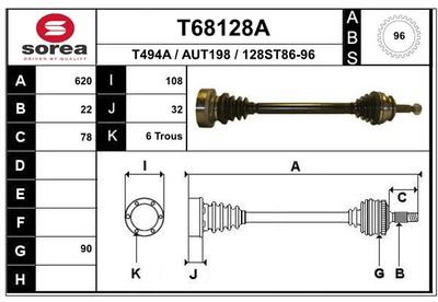 EAI T68128A Полуось в сборе  для AUDI 90 B3 (893, 894, 8A2) 2.3 E