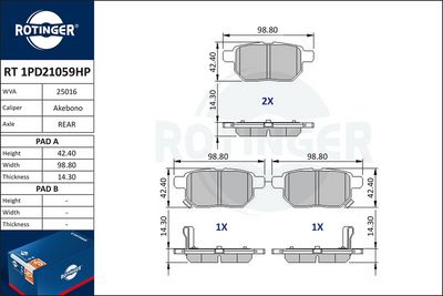 комплект спирачно феродо, дискови спирачки ROTINGER RT 1PD21059HP