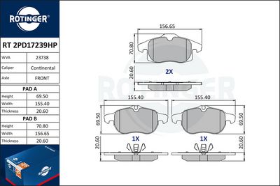 комплект спирачно феродо, дискови спирачки ROTINGER RT 2PD17239HP