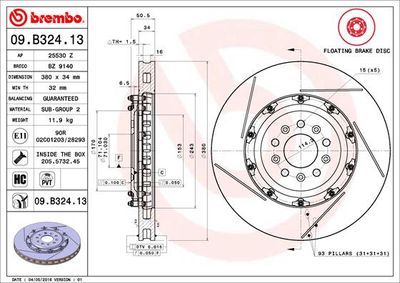 Тормозной диск BREMBO 09.B324.13 для ASTON MARTIN VANTAGE