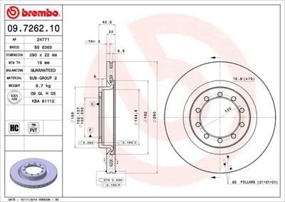 Тормозной диск BREMBO 09.7262.10 для RENAULT TRAFIC