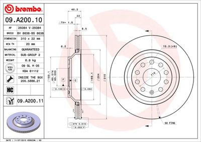 Тормозной диск BREMBO 09.A200.11 для VW TERAMONT