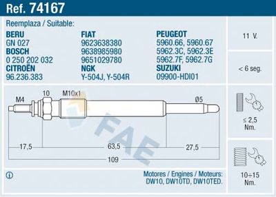FAE 74167 Свеча накаливания  для FIAT ULYSSE (Фиат Улссе)