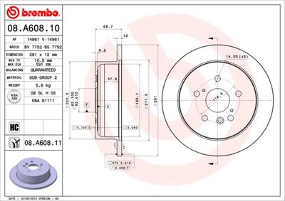 Тормозной диск BREMBO 08.A608.11 для TOYOTA NOAH/VOXY