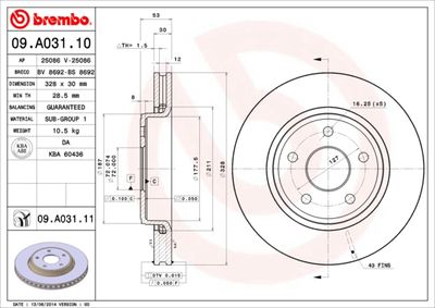 Тормозной диск BREMBO 09.A031.10 для JEEP COMMANDER