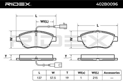 комплект спирачно феродо, дискови спирачки RIDEX 402B0096