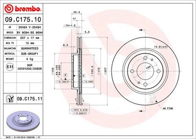 Тормозной диск BREMBO 09.C175.11 для CITROËN C-ZERO