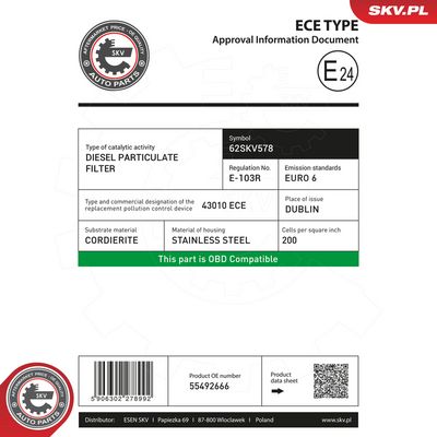 Filtr sazových částic, výfukový systém ESEN SKV 62SKV578