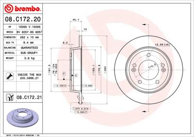 Тормозной диск BREMBO 08.C172.21 для HYUNDAI ELANTRA