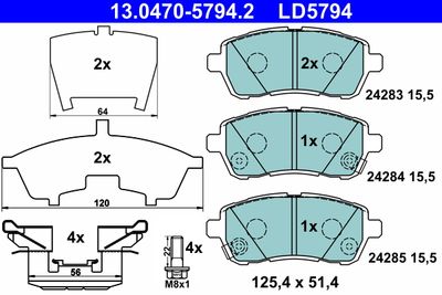 Комплект тормозных колодок, дисковый тормоз ATE 13.0470-5794.2 для MAZDA 2