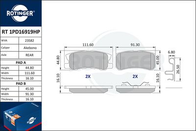 Zestaw klocków hamulcowych, hamulce tarczowe ROTINGER RT1PD16919HP