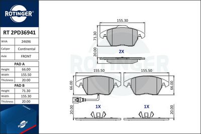 комплект спирачно феродо, дискови спирачки ROTINGER RT 2PD36941
