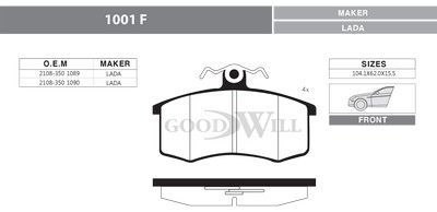 Комплект тормозных колодок, дисковый тормоз GOODWILL 1001 F