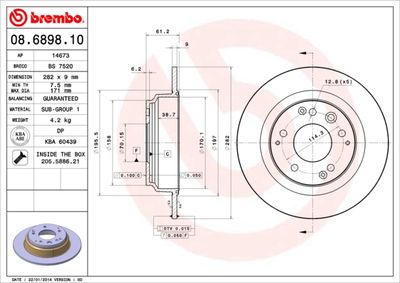 Тормозной диск BREMBO 08.6898.10 для ACURA RL