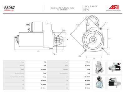 Startmotor AS-PL S5087 för MITSUBISHI, FIAT