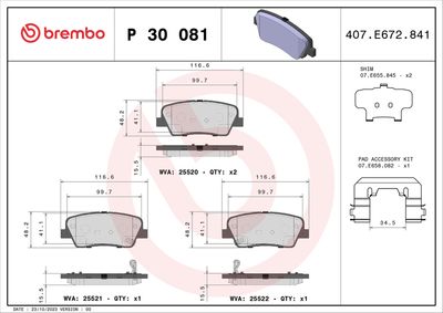 Zestaw klocków hamulcowych, hamulce tarczowe BREMBO P 30 081