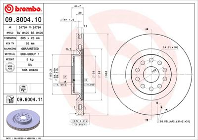 Тормозной диск BREMBO 09.8004.11 для LANCIA THESIS