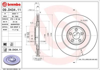 Тормозной диск BREMBO 09.D434.11 для JAGUAR XF