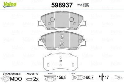Комплект тормозных колодок, дисковый тормоз VALEO 598937 для HYUNDAI GRAND SANTA FE