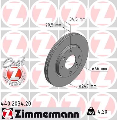 Тормозной диск ZIMMERMANN 440.2034.20 для PEUGEOT 206+