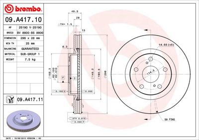 Тормозной диск BREMBO 09.A417.11 для TOYOTA RAV 4