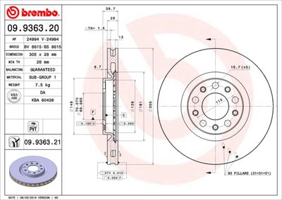 Тормозной диск BREMBO 09.9363.21 для ALFA ROMEO GIULIETTA